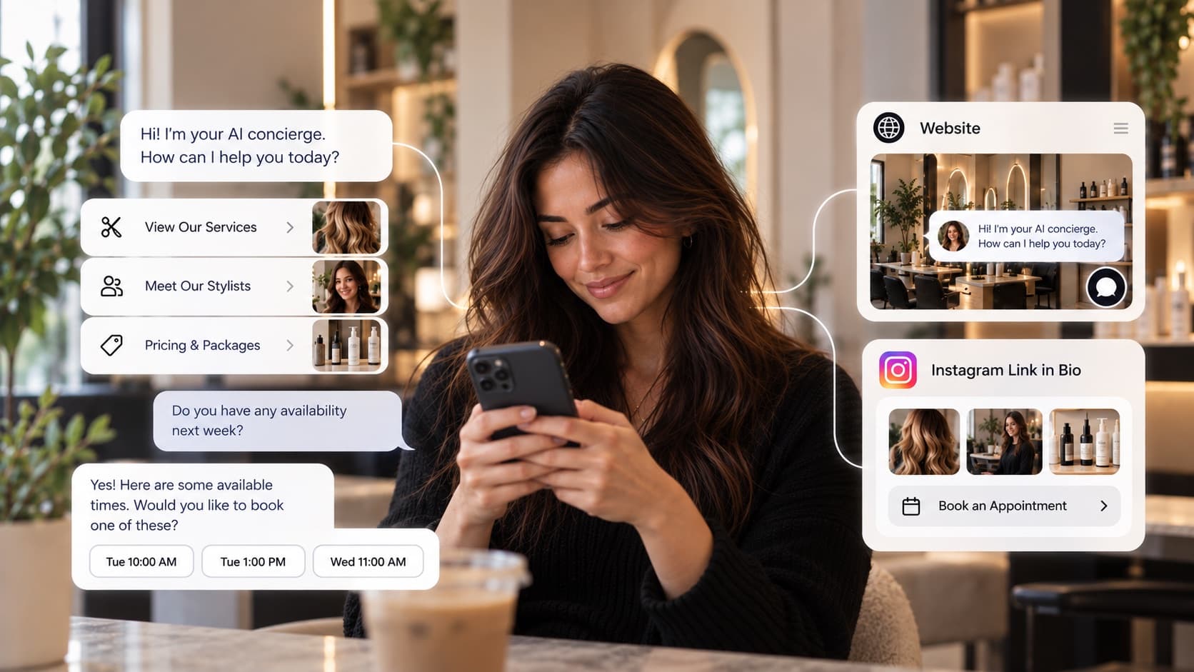 A salon client on her phone chatting with an AI concierge that shows service, stylist and pricing cards and offers appointment times, with the same concierge running on the salon’s website and Instagram link in bio
