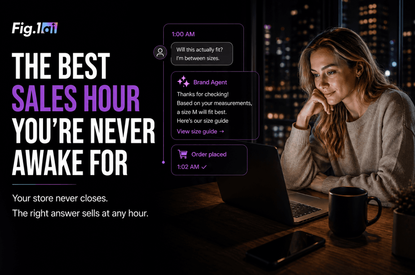The hours nobody’s watching — a 1am shopper on a product page gets an answer from a Brand Agent and places the order at 1:02am